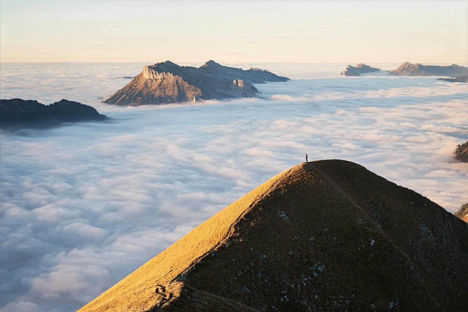 Hikers celebrating on a summit at sunrise
