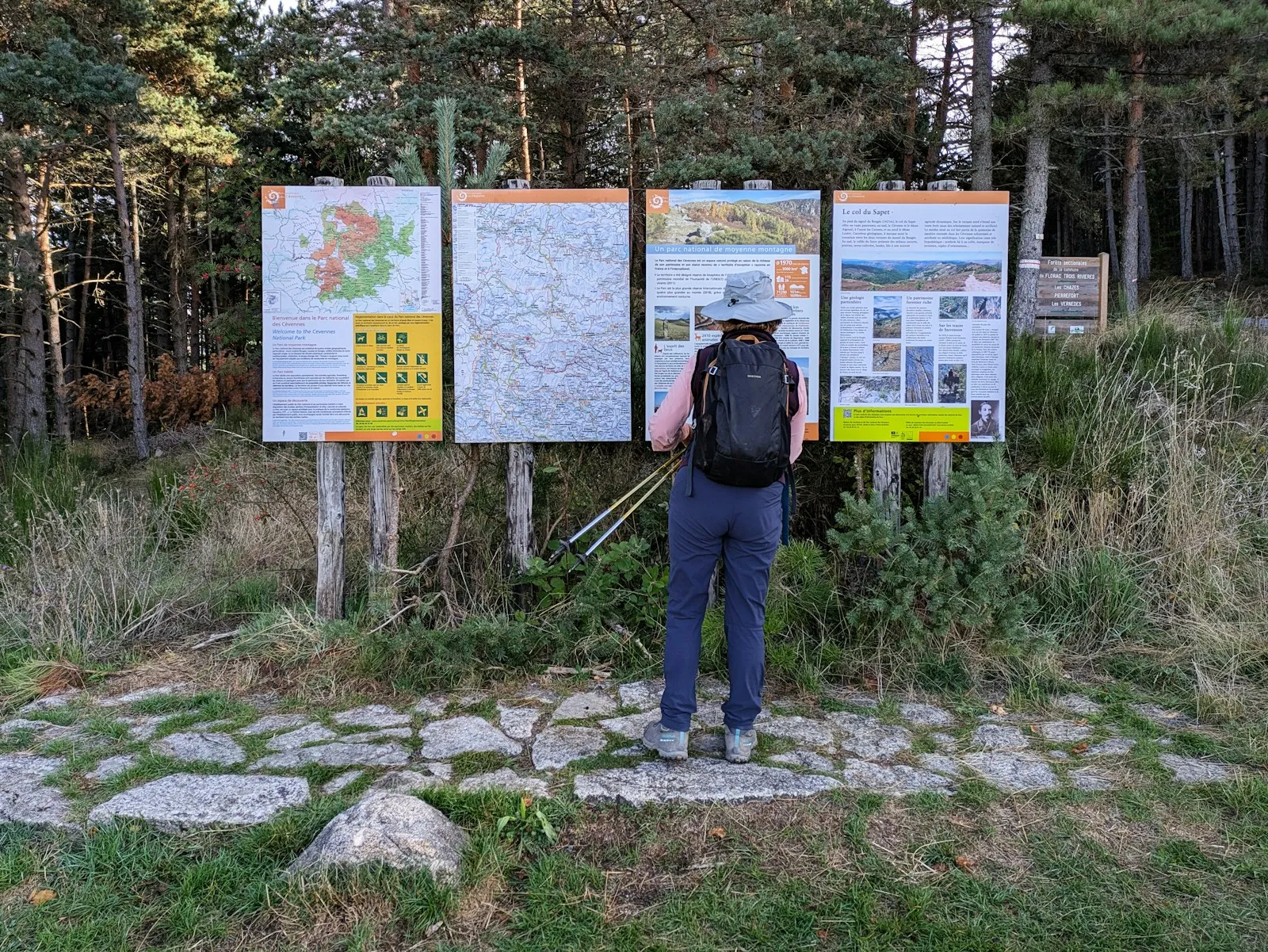 Two hikers studying a trail map on a summit